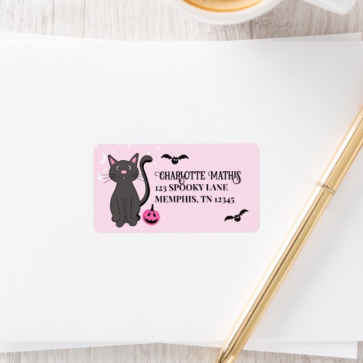 Zwart Kat Halloween Roze Pompoen Vleermuizen Girly Etiket