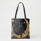 Zwart Kat Halve Maan Blauwe Bloemen Halloween Tote Bag (Voorkant)
