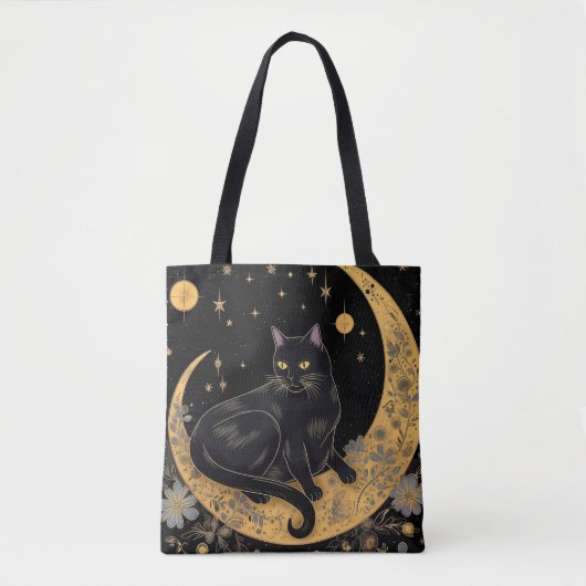 Zwart Kat Halve Maan Blauwe Bloemen Halloween Tote Bag (Voorkant)