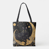 Zwart Kat Halve Maan Blauwe Bloemen Halloween Tote Bag (Achterkant)
