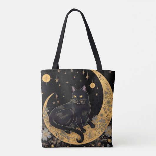 Zwart Kat Halve Maan Blauwe Bloemen Halloween Tote Bag (Achterkant)