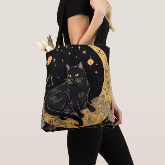 Zwart Kat Halve Maan Blauwe Bloemen Halloween Tote Bag (Dichtbij)