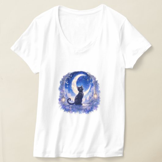 Zwart Kat Halve Maan T-Shirt (Laagn)