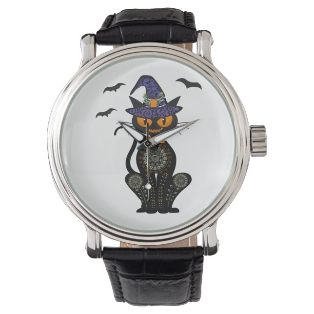 Zwart Kat Heks Halloween Tshirt Horloge (Voorkant)