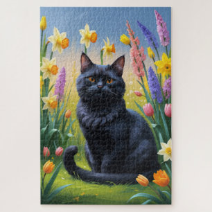 Zwart kat lente bloemen schilderij legpuzzel