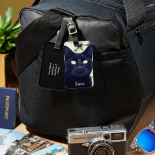 Zwart Kat Leuk Dier Foto Gepersonaliseerde Naam Bagagelabel