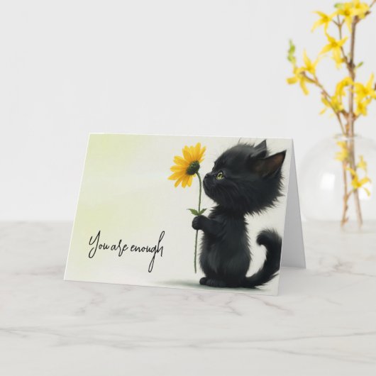 Zwart Kat met Daisy en Quote Kaart (Gele Bloem)