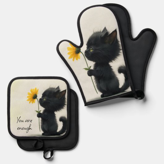 Zwart Kat met Daisy en Quote Ovenwant & Pannenlap Set (Voorkant / Achterkant)