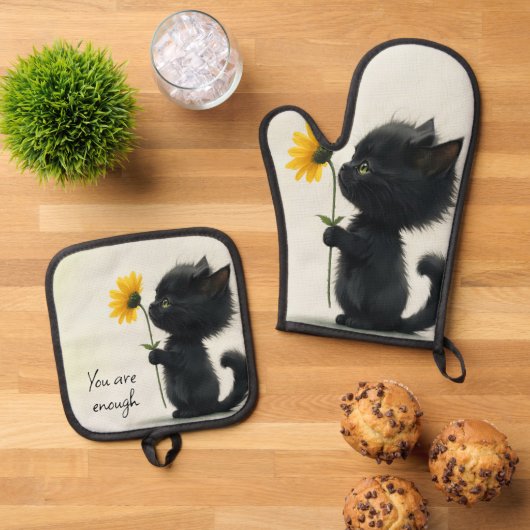 Zwart Kat met Daisy en Quote Ovenwant & Pannenlap Set (Top down)
