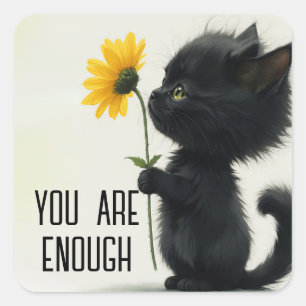 Zwart Kat met Daisy en Quote Vierkante Sticker