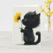 Zwart Kat met geel madeliefje Kaart (Gele Bloem)