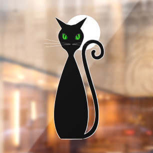 Zwart kat met groene ogen Halloween maan Raamsticker