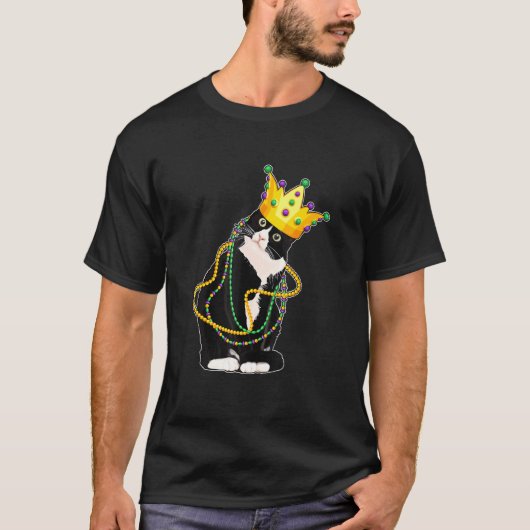 Zwart Kat Miauw Mardi Gras Masker Fleur De Lis Kat T-shirt (Voorkant)