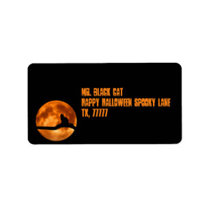 Zwart Kat onder Oranje Moon Return-adreslabel Etiket