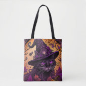 Zwart Kat Paarse Ogen Heksen Pet Halloween Tote Bag (Voorkant)