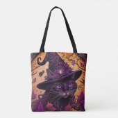 Zwart Kat Paarse Ogen Heksen Pet Halloween Tote Bag (Achterkant)