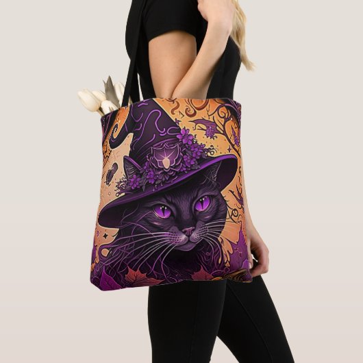 Zwart Kat Paarse Ogen Heksen Pet Halloween Tote Bag (Dichtbij)
