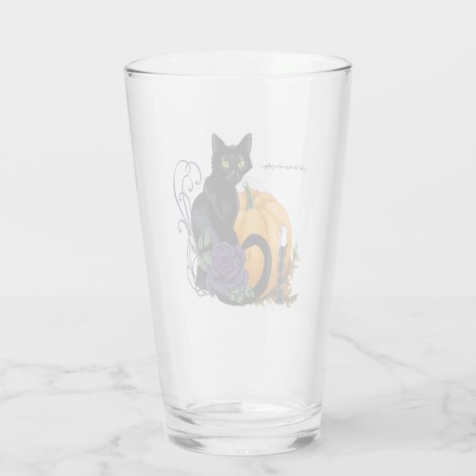 Zwart Kat Paarse Roos Pompoen Halloween Glas (Achterkant)