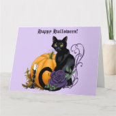 Zwart Kat Paarse Roos Pompoen Halloween Kaart (Voorkant)