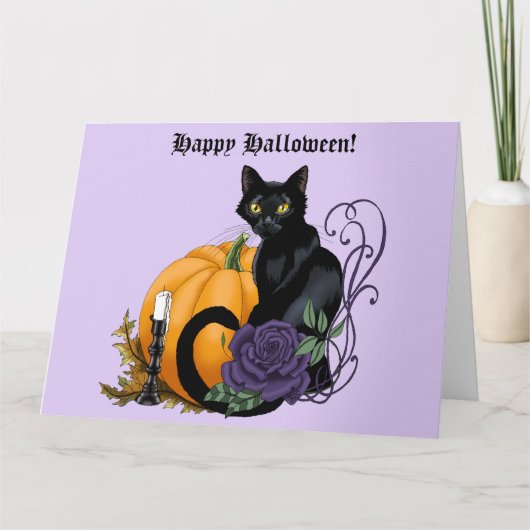 Zwart Kat Paarse Roos Pompoen Halloween Kaart (Voorkant)