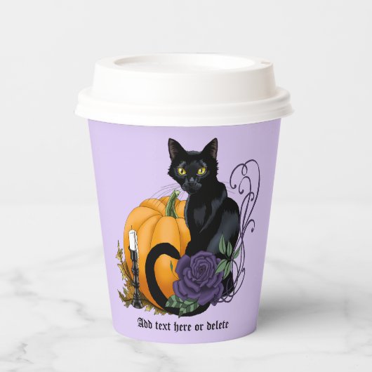 Zwart Kat Paarse Roos Pompoen Halloween Papieren Bekers (Voorkant)