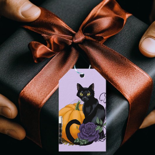 Zwart Kat Paarse Rozen Pompoen Halloween Cadeaulabel