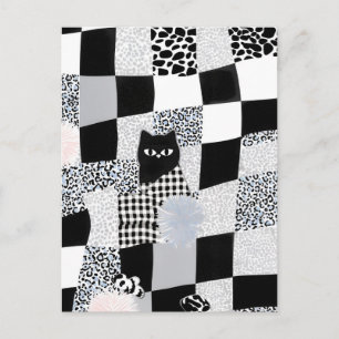 Zwart Kat Patroon Gingham Geruite Luipaard  Briefkaart