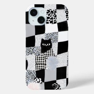 Zwart Kat Patroon Gingham Geruite Luipaard  iPhone 15 Case
