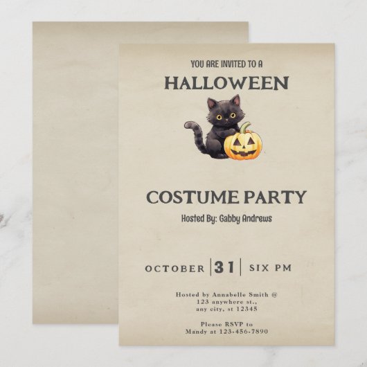 Zwart Kat Pompoen Halloween Kostuum Kaart (Voorkant / Achterkant)