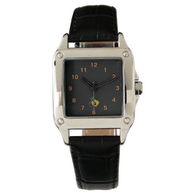 Zwart Kat Pompoen Vierkante Leren Strap Horloge (Voorkant)