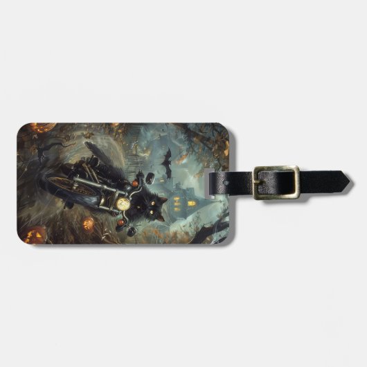 Zwart Kat Rijden Motorfiets Halloween Eng Bagagelabel (Voorkant horizontaal)