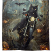 Zwart Kat Rijden Motorfiets Halloween Eng Douchegordijn (Voorkant)