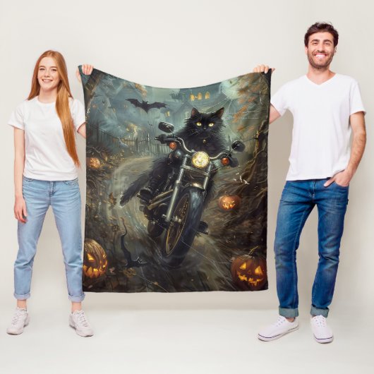 Zwart Kat Rijden Motorfiets Halloween Eng Fleece Deken (In situ)