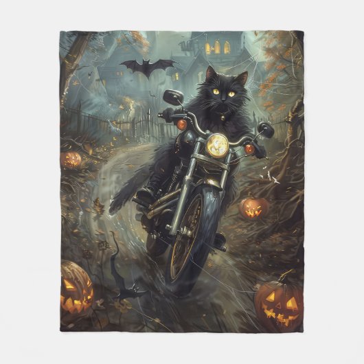 Zwart Kat Rijden Motorfiets Halloween Eng Fleece Deken (Voorkant)