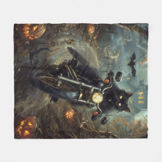 Zwart Kat Rijden Motorfiets Halloween Eng Fleece Deken (Voorkant (Horizontaal))