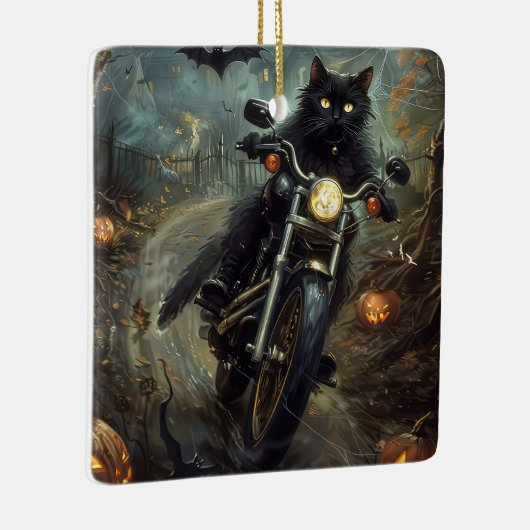 Zwart Kat Rijden Motorfiets Halloween Eng Keramisch Ornament (Rechts)