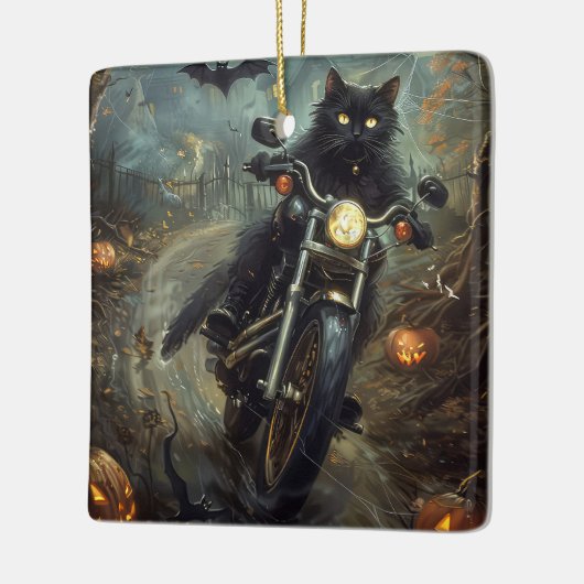Zwart Kat Rijden Motorfiets Halloween Eng Keramisch Ornament (Links)