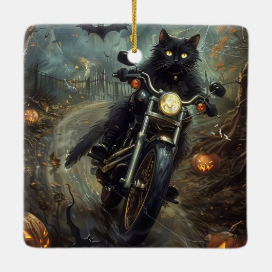 Zwart Kat Rijden Motorfiets Halloween Eng Keramisch Ornament (Achterkant)