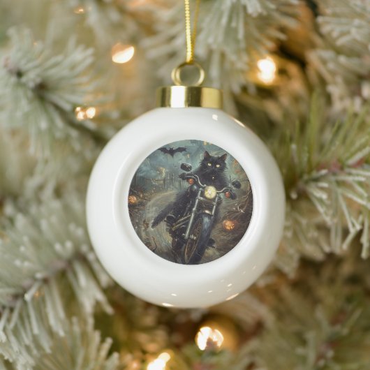 Zwart Kat Rijden Motorfiets Halloween Eng Keramische Bal Ornament (Boom)