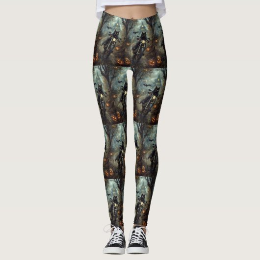 Zwart Kat Rijden Motorfiets Halloween Eng Leggings (Voorkant)