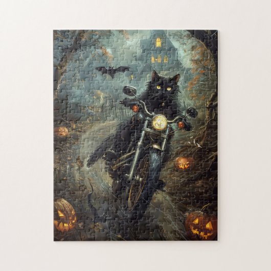 Zwart Kat Rijden Motorfiets Halloween Eng Legpuzzel (Verticaal)