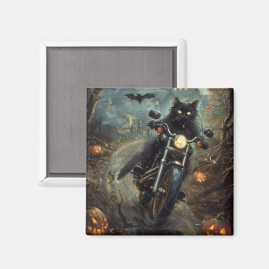 Zwart Kat Rijden Motorfiets Halloween Eng Magneet (Voorkant / Achterkant)