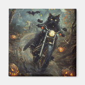 Zwart Kat Rijden Motorfiets Halloween Eng Magneet (Voorkant)