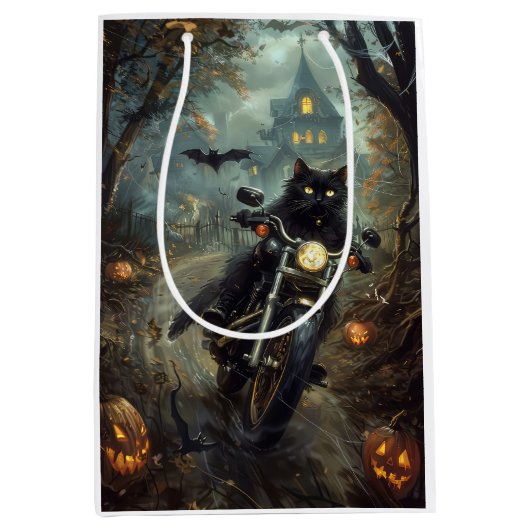 Zwart Kat Rijden Motorfiets Halloween Eng Medium Cadeauzakje (Voorkant)