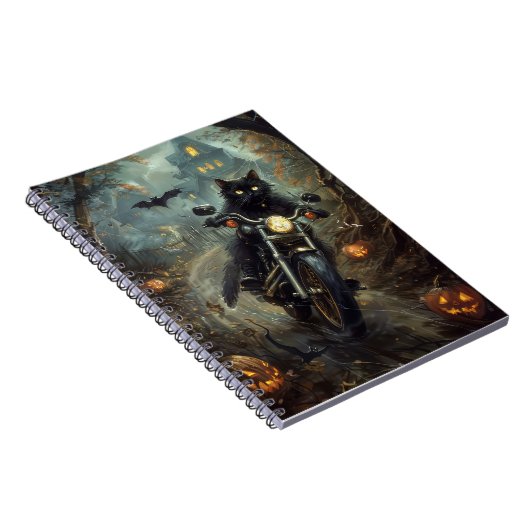 Zwart Kat Rijden Motorfiets Halloween Eng Notitieboek (Rechterzijde)