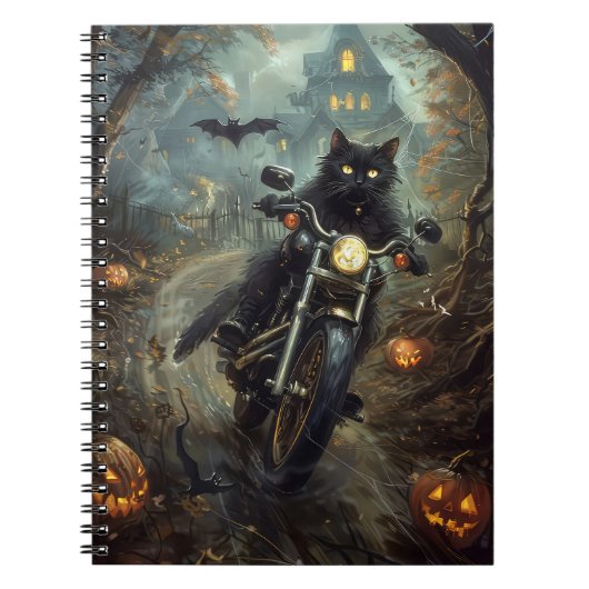 Zwart Kat Rijden Motorfiets Halloween Eng Notitieboek (Voorkant)