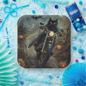Zwart Kat Rijden Motorfiets Halloween Eng Papieren Bordje (Feest)