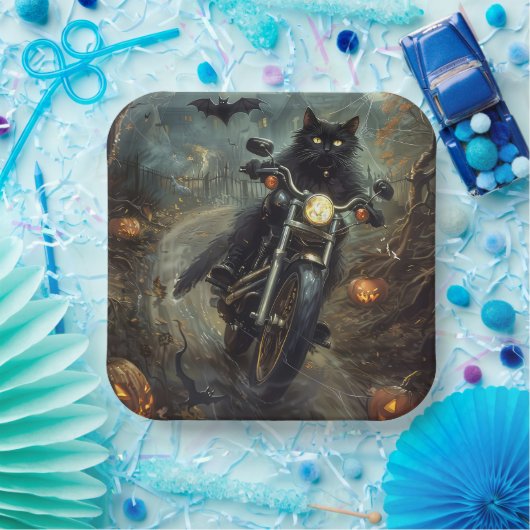 Zwart Kat Rijden Motorfiets Halloween Eng Papieren Bordje (Feest)