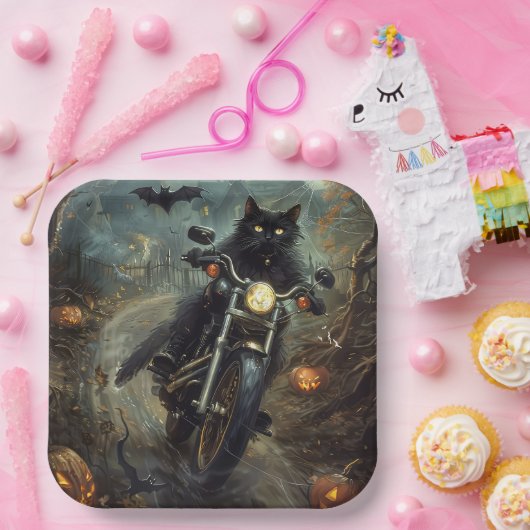 Zwart Kat Rijden Motorfiets Halloween Eng Papieren Bordje (Feest)