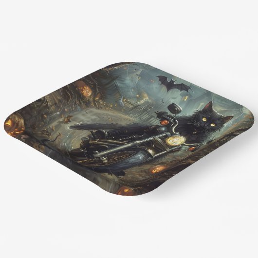 Zwart Kat Rijden Motorfiets Halloween Eng Papieren Bordje (Gebogen)